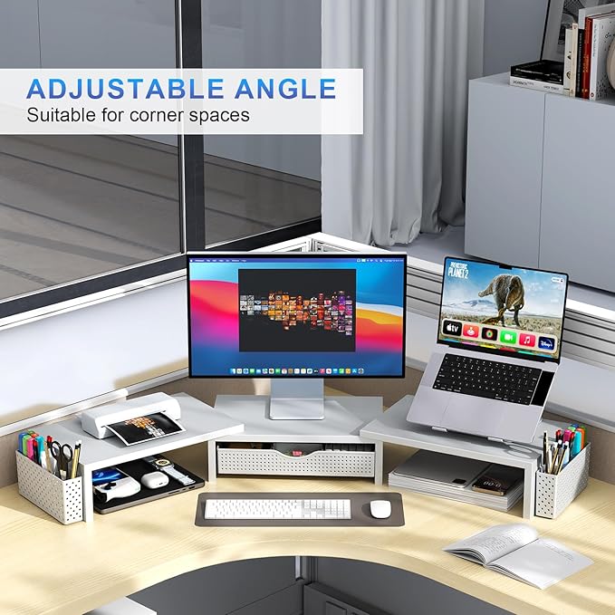 Dual Monitor Stand Riser, Desk Organizer With Drawer and 2 Pen Holders, White