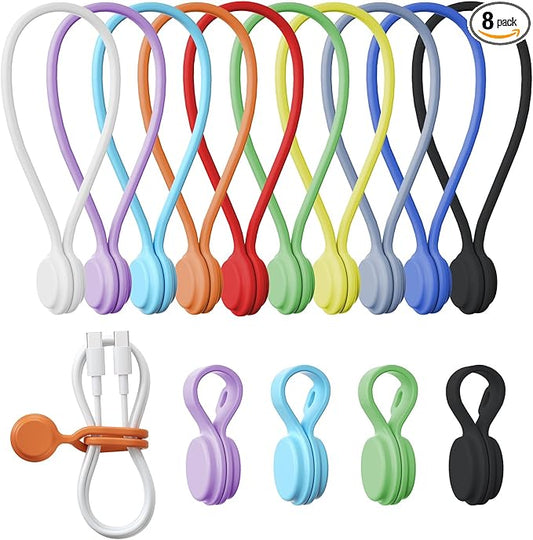 Reusable Silicone Magnetic Cable Ties, 2 Sizes Combo (4pcs 2.95'' + 4pcs 7.68'')