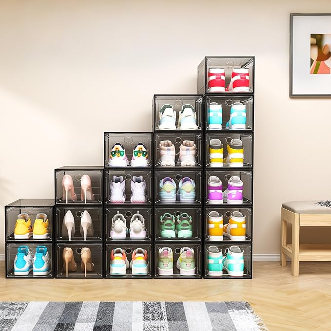 ARSTPEOE 12 Pack Upgrade Harder Shoe Organizer, Shoe Storage with Magnetic Front Door, Clear Shoe Boxes Foldable Space-Saving Shoe Rack for Sneaker Boot Container, Black