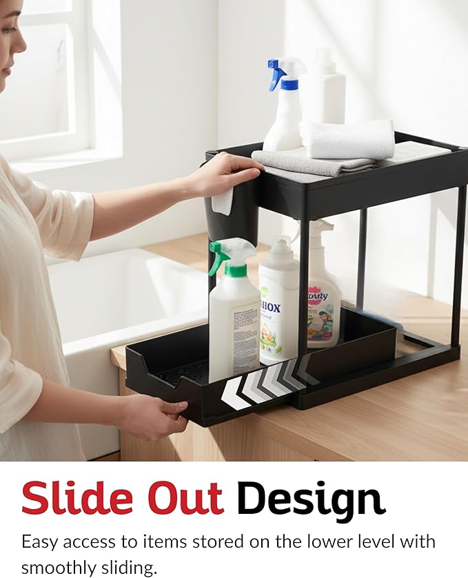 2 Tier Under Sink Organizer with Sliding Drawer, Pull Out Cabinet Storage Rack for Kitchen Bathroom Pantry, Multi Purpose Shelf with Removable Side Hooks and Hanging Cup, Tool Free Assembly