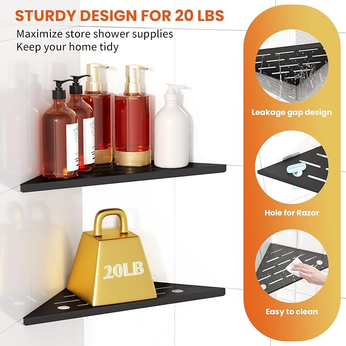 Corner Shower Shelves with Razor Holder, Rustproof Stainless Steel Tile Shower Organizer Discreet Corner Shelf Black Conrer Shower Shelves No Drilling Sleek Shelf for Bathroom Storage, 2 Pack, 10"