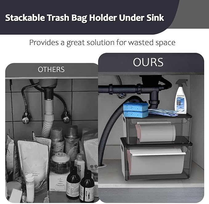 COAZEX 2 Pack Trash Bag Holder Under Sink Stackable, Plastic Garbage Bag Dispenser with Lid, Trash Bag Storage Dispenser Roll Holder for Kitchen, Pantry, Laundry Room Organization (Black)