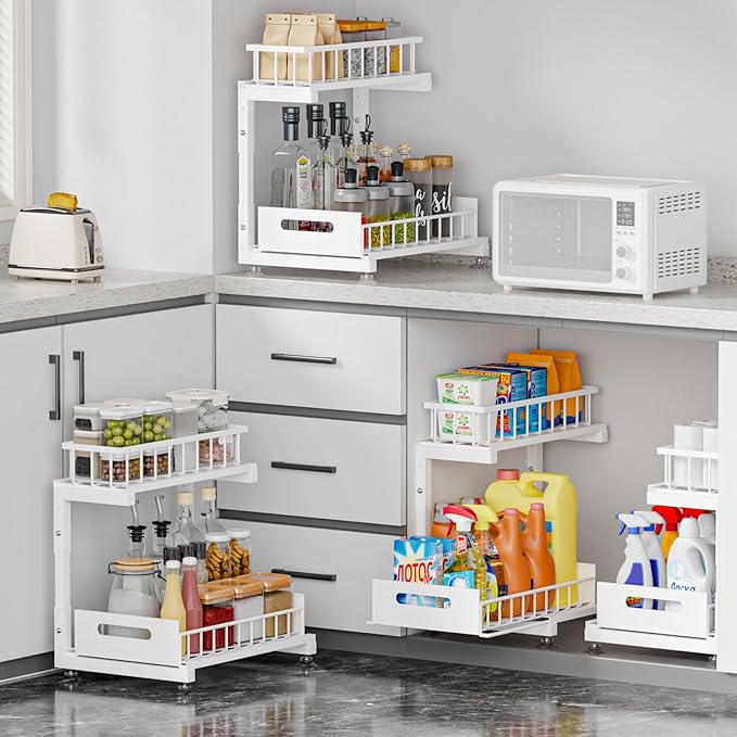 Saydear Under Sink Organizer, 2-Tier Premium Metal Pull-Out Racks with Adjustable Height, Heavy Duty Sliding Bin for Bathroom and Kitchen Cabinet Storage, Rust Resistant 2 Pack