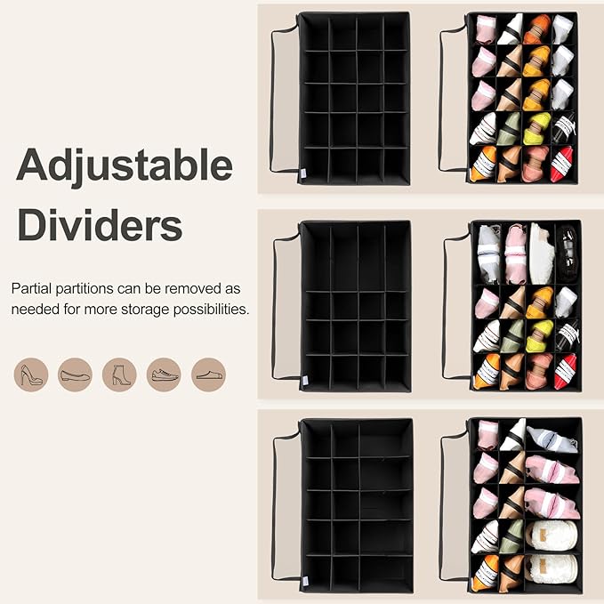 TOPIA HOME Shoe Organizer for Closet 2 Pack, Foldable Shoe Box with Adjustable Divider and Clear Cover, Space Saving Shoe Storage Organizer Cabinet with Reinforced Handles, Fits 40 Pair, Black, TP11B