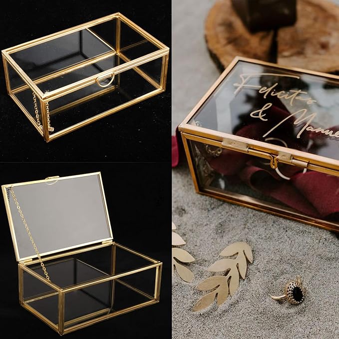 HighFree Vintage Glass Box with Lid - Clear Jewelry Glass Display Box Keepsake Box - Home Decor Decorative Box for Trinket Rings Bracelet (Gold, X-Small)