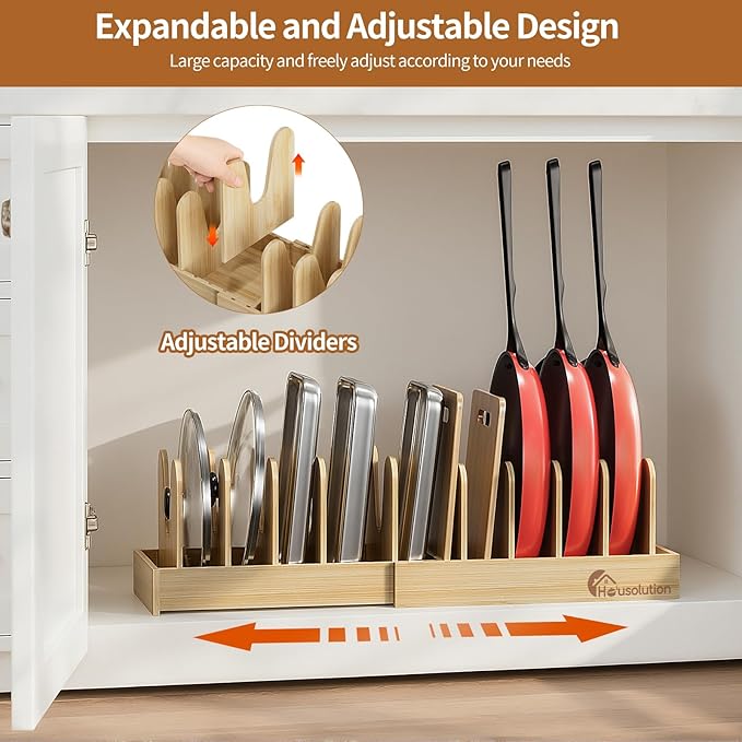 Housolution Bamboo Pot and Pan Organizer for Cabinet, 15"-29" Expandable Pot Lid Organizer with 10 Adjustable Dividers, Wooden Pan Holder Storage Rack, Fully Expanded Size 29.5" W x 8" D x 7.5" H