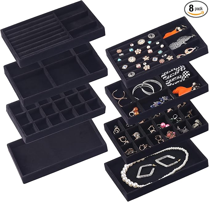 Set of 8 Velvet Jewelry Drawer Organizer Inserts, Stackable Trays with Removable Dividers, Earring and Ring Holder Display for Dresser, Storage Case for Necklace Bracelet Watch - Black