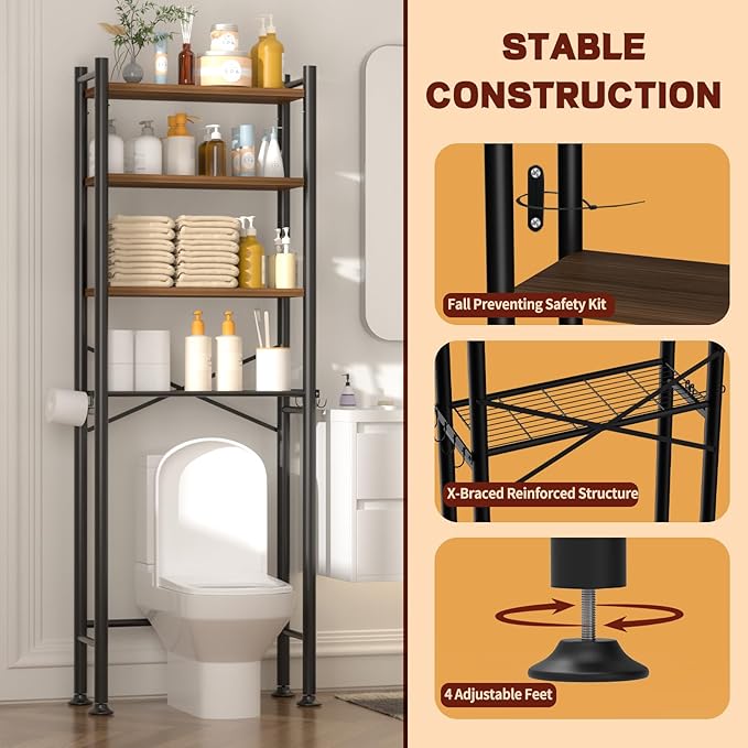 4-Tier Over Toilet Storage with Anti-Tilt Safety System, 69.3" H, Brown