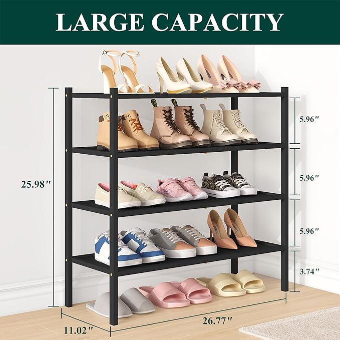 Bamboo Shoe Rack, 4 Tier Shoe Organizer for Entryway & Closet, Black