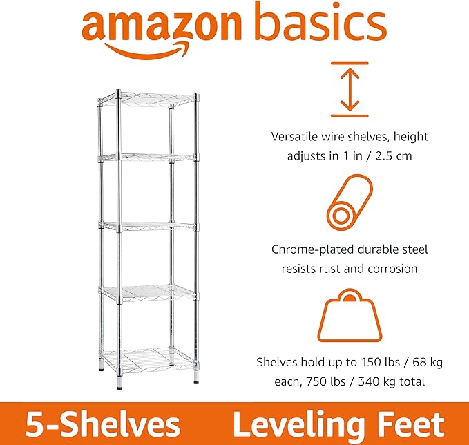 Amazon Basics 5-Shelf Tower Adjustable Storage Shelving Unit, Chrome