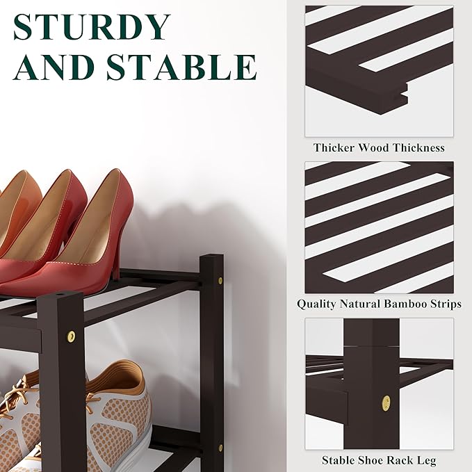 Smiry Bamboo Shoe Rack for Closet, 6 Tier Small Wooden Shoe Organizer, Stackable Wood Shoe Storage Shelf for Entryway, 14 Vertical Slats, 3+3 Stack Heavy-Duty Legs, 17.32"x11.02"x36.61", Brown