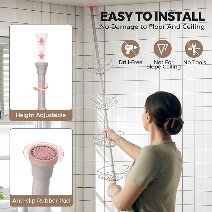 Corner Shower Caddy Tension Pole, 4 Tier Adjustable Bathroom Organizer Shelves