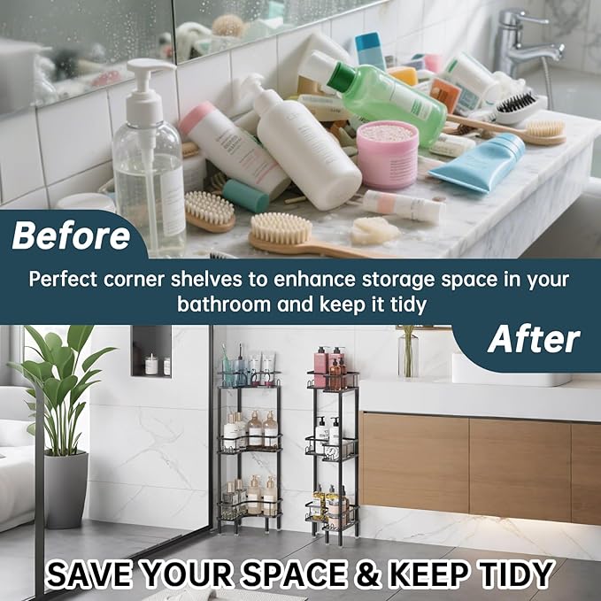 Standing Shower Corner Caddy, 3-Tier Stainless Steel Material Shower Organizer with 12 Hooks - Space Saving Corner Shelf with Adjustable Feet for Bathroom, Compact Spaces (Black, 3 Tiers)