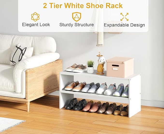 White Shoe Rack Organizer for Closet, 2-Tier Expandable Shoe Shelf, Stackable Iron Wood Combination Small Shoe Racks Shelves for Closets, Entryway,Small Space,Hallway,Bedroom,Bathroom,6-12 Pairs