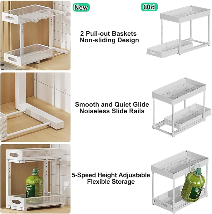 1 Pack Under Sink Pull Out Organizer, 2-Tier Adjustable Height Carbon Steel Storage Rack for Kitchen and Bathroom Cabinet, White