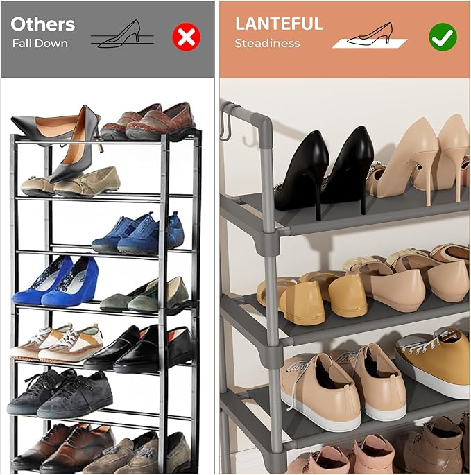 3 Tier Shoe Rack for Closet, Shoe Organizer with 5 Hooks, Grey
