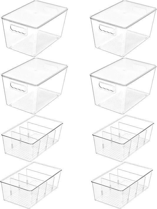 Vtopmart 8 Pack Clear Plastic Storage Bins Set, 4 Large Pantry Organizer Bins with Lids & Handles and 4 Medium Snack Organizer Bins with 4-Compartment for Pantry, Kitchen, Fridge, Cabinet Organization