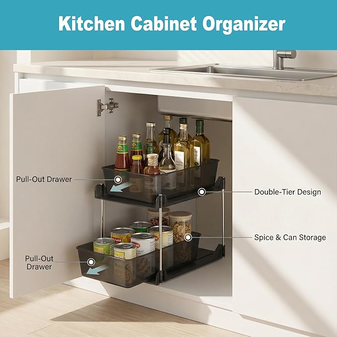 2 Pack Bathroom Organizer,2 Tier Clear Under Sink Organizers Vanity Countertop Storage Container,Cabinet Drawers Bins, Pull-Out Organization with Track for Pantry, Kitchen