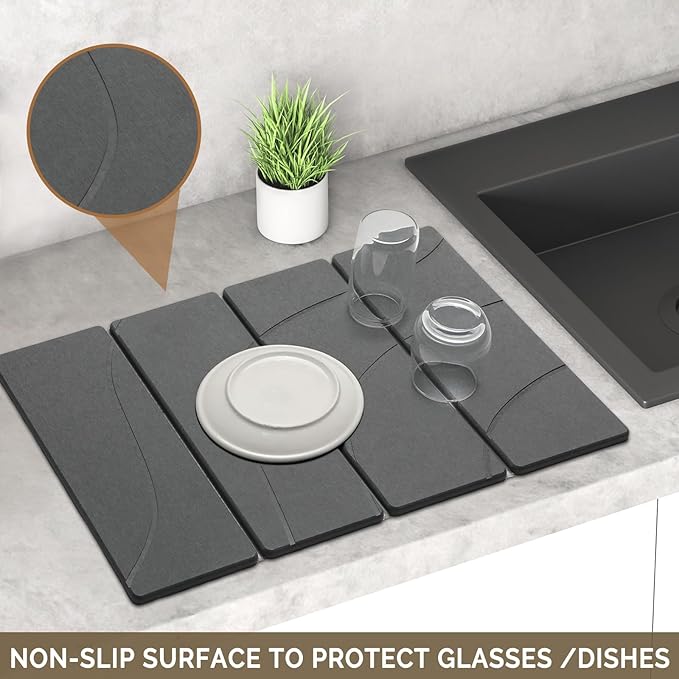 Large Stone Dish Drying Mat for Kitchen Counter, Carved Gray 24"x16"&8"x4"
