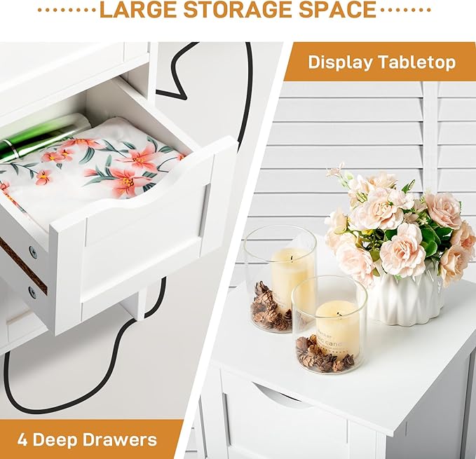 Bonnlo Skinny Bathroom Floor Storage Cabinet,White 12 Inch Wide Deep Small Storage Organizer with 4 Drawers, Wooden Modern Thin Free Standing Tower Cabinet w/ 4 Cute Drawers for Bathroom, Living Room