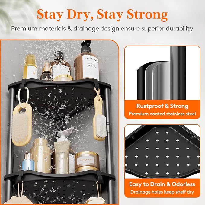 Lifewit Floor Standing Shower Caddy Corner, 4 Tier Plastic Shower Stand Rack with Adjustable Feet and Hooks, Rustproof Bathroom Shelf Organizer, Black, 34 x 24 x 107 cm/13 x 9.5 x 42 inch