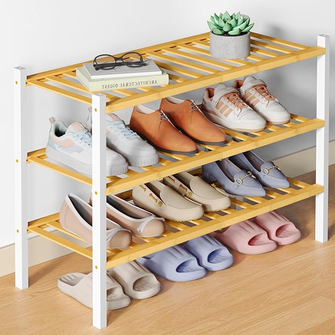 Smiry Bamboo Shoe Rack for Closet, 3 Tier Wooden Shoe Organizer, Stackable Wood Shoe Storage Shelf for Entryway, 14 Vertical Slats, One-piece Heavy-Duty Legs, 26.77"x11.02"x18.31", Natural & White