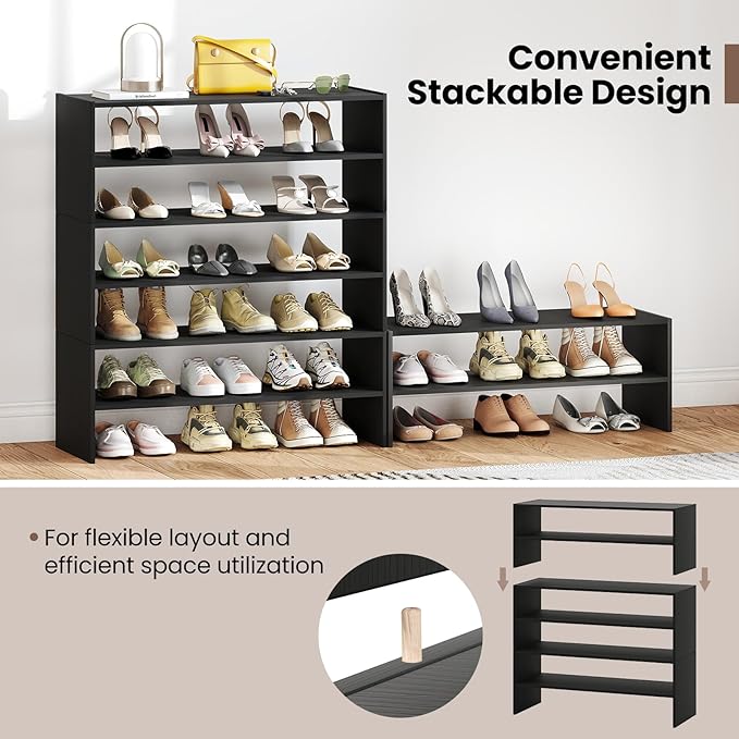 Giantex 3-in-1 Vertical Shoe Rack, 6-Tier Free Standing Shoe Storage Organizer w/Stackable Design for 18 Pairs, 31 Inch Wide Wood Shoe Shelf for Closet, Entryway, Living Room, Office, Black
