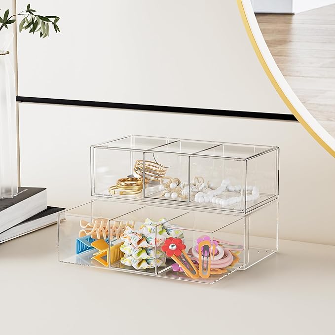 Hair Accessories Organizer for Girls, Clear Hair Bow Tie Clip Scrunchie Holder Organizer with Removable Divider, Cute Small Stackable Storage Drawer Container Caddy Box, Women Vanity Accessories, 2Pcs