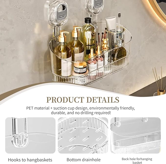 No-Drill Wall Mount Storage Box with Wave-Grip Suction Cups, Large Capacity & Heavy Duty for Bathroom Sink, Organize Cosmetics and Toiletries.（Large Size）
