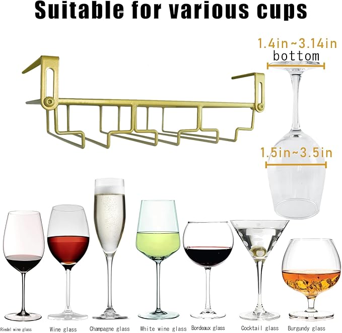 Adjustable Under Cabinet Stemware Holder - Metal Wine Glass Hanger Organizer for Kitchen, Bar, Shelf - Rustproof Hanging Storage Rack for 6-8 Glasses - Space Saving Decor (Gold, 3 Rows)