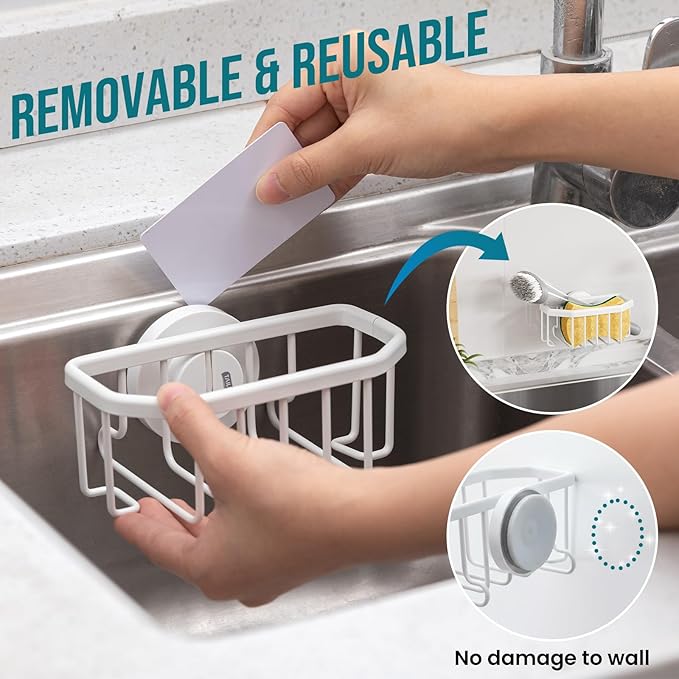 TAILI Sponge Holder for Kitchen Sink with Strong Suction Cup Removable, Rustproof Aluminum Sink Caddy for Sponge, Brush, Scrubber, Scraper -Gold