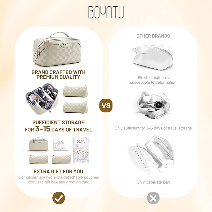 BOYATU Travel Makeup Bag Organizer: 3 Pcs Set Large Capacity Cosmetic Bags Holds 10–20 100ml Full-Size Bottles