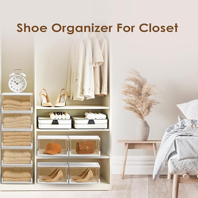 Clear Stackable Shoe Boxes with Magnetic Door, 3 Pack Thick Plastic Shoe Organizer for Closet, Dustproof Storage, Fits up to US Size 13