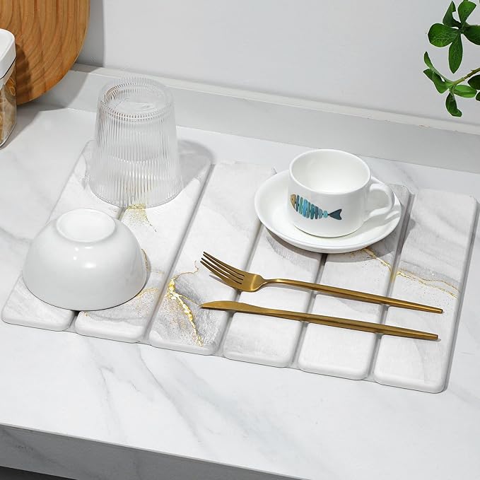 Small Stone Dish Drying Mat for Kitchen Counter, Gold White