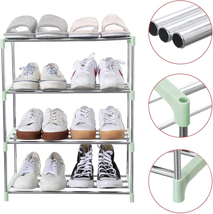 Jucaifu Stackable Small Shoe Rack, Entryway, Hallway and Closet Space Saving Storage and Organization (4-Tier, Green)
