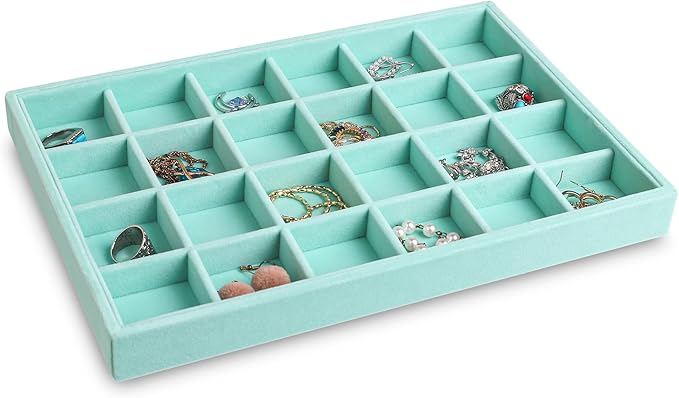 Frebeauty Stackable Velvet Jewelry Organizer Trays for Drawers Inserts Jewelry Storage Tray Display Case, Stud Earrings Bracelets Necklace Rings Accessories Trays for Women(Set of 2)(Turquoise)