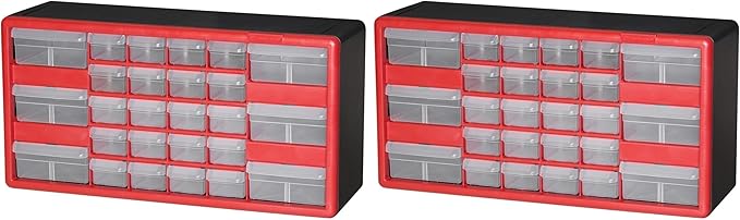 Akro-Mils 26-Drawer Plastic Drawer Storage Cabinet for Garage Organization, Bead Organizer, Building Bricks Storage, Teacher Toolbox, Makeup Organizer, 20-Inch W x 6-Inch D x 10-Inch H, 10126 Red