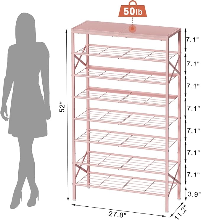 8-Tier Tall Shoe Rack Organizer Shoe Storage for Entryway 24-32 Pairs Metal Shoe Rack for Closet Heavy-Duty Shoe Rack with Wooden Top Shelf for Garage Pink