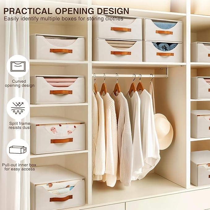 Homsorout Large Closet Storage Bins with Drawer, Fabric Bins for Organization, Collapsible Storage Drawers Organizer for Bedroom, Living Room, 6 Pack, Beige