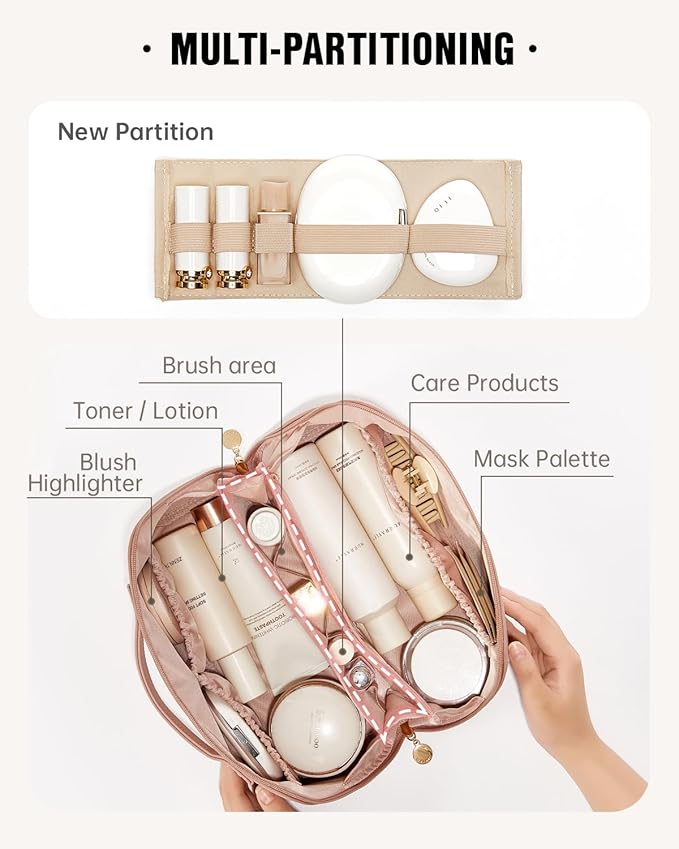 EACHY Travel Makeup Bag, Large Capacity Cosmetic Bag for Women, Waterproof PU Leather, Flat Open Portable Toiletry Bag for Skincare