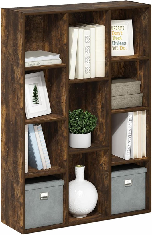 Furinno LUDER Book Shelf, 11-Cube Bookshelf, Reversible Bookcase, Amber Pine