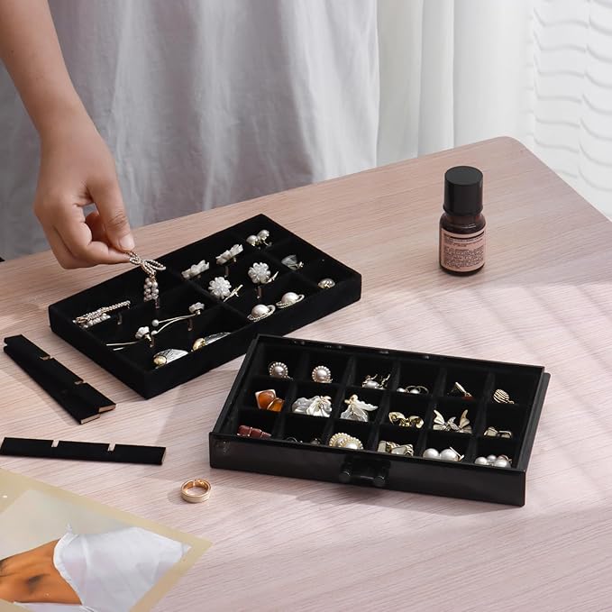 YUFONG Earring Organizer Box Acrylic Jewelry Organizer with 3 Drawers 54 Adjustable Grids Clear Stackable Earring Holder Velvet Trays Ring Display Case for Women Girls (Black Black)