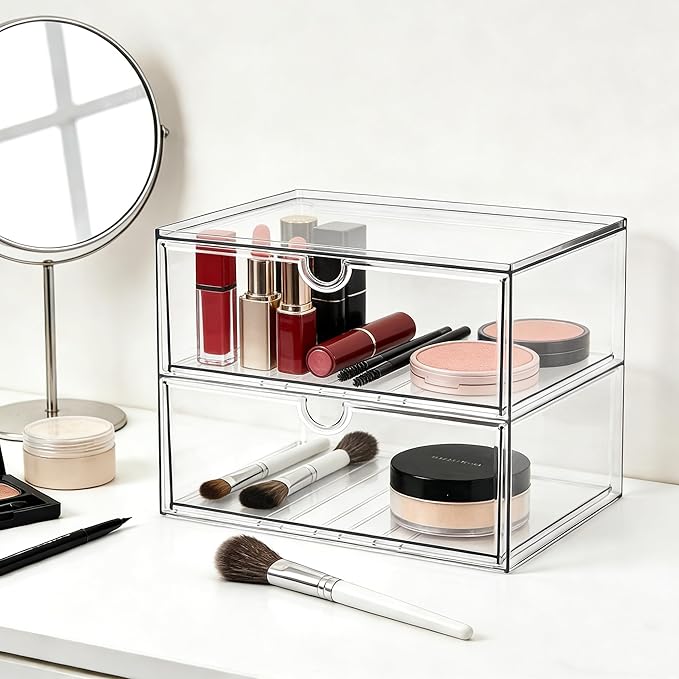 Prsildan Acrylic Makeup Organizer, 2 Pack Stackable Clear Storage Drawers for Baby Bottles Desk Organizers with 2 Drawers for Countertop Vanity Nursery Modular System for Cosmetics Jewelry