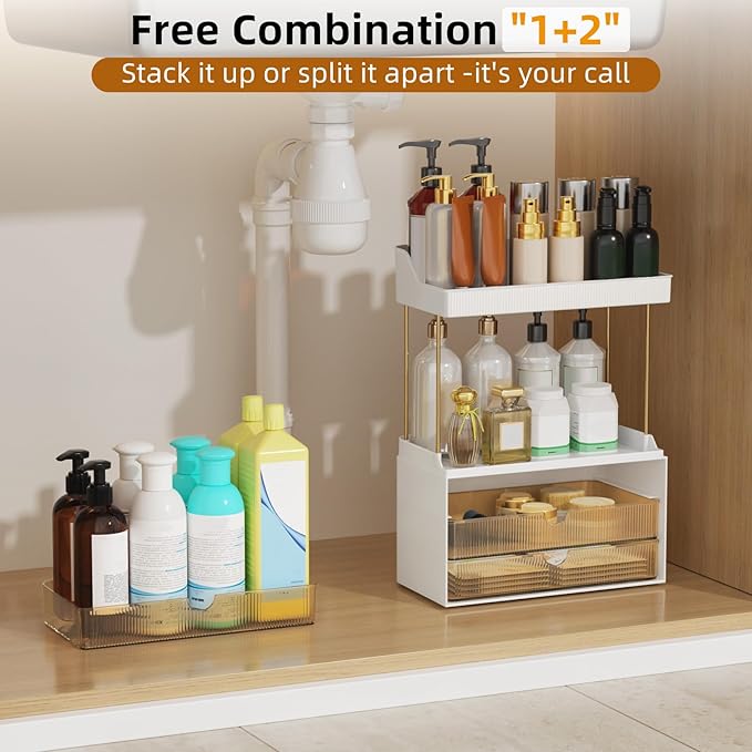 StorBin 2 Sets 6 Drawers Makeup Organizer – 5 Tier Bathroom Organizers and Storage, Versatile Perfume Vanity Organizer, Ideal for Cosmetic, Large Skincare, Face Mask, Office Supplies, Amber