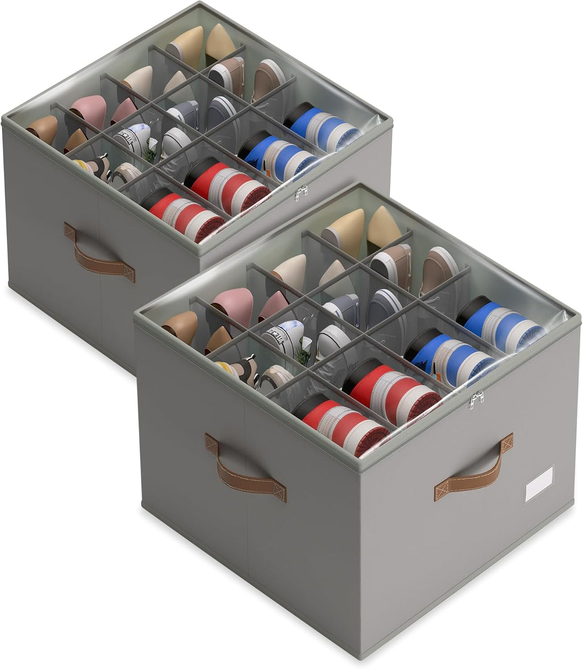 Shoe Organizer for Closet, 2 Pack Foldable Shoe Storage Bins with Clear Cover & Handles, 16-Compartment Shoe Box for Sneakers, Heels, Boots, Space-Saving Shoe Rack for Entryway, Dorm, RV