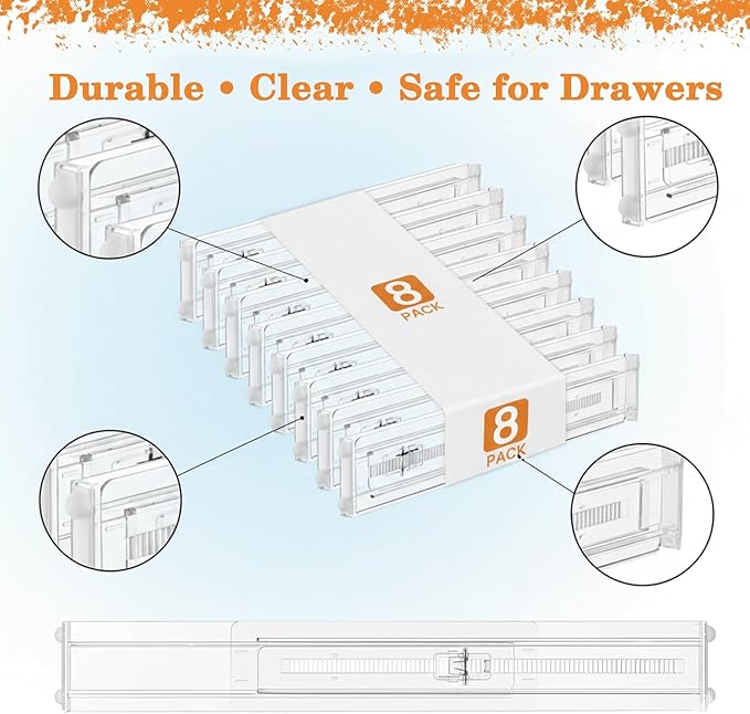 Acrylic Drawer Dividers – Adjustable 11–20.8 Inch Expandable Deep Dresser Drawer Dividers – Clear Plastic Drawer Separators for Baby Clothes, Underwear, Kitchen & Office Storage.