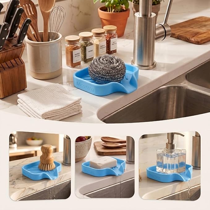 MicoYang Silicone Soap Dish with Drain Spout — Self-Draining Sink Organizer Tray for Bathroom & Kitchen, Holds Bar Soap, Sponges & Dispensers, Non-Slip & Dishwasher Safe, Light Blue (Small, 4.9"×3.2")