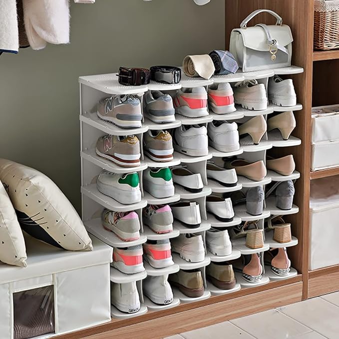 6-Tier Narrow Shoe Organizer, Adjustable Cubby Shoe Rack for Closet, Free Standing Shoe Slot Tower for Entrance, Stackable Space-Saving Shoe Storage Shelf for Entryway, White