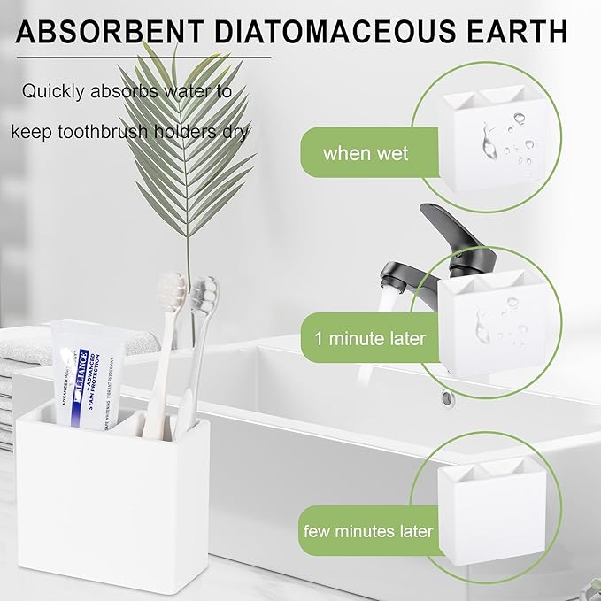Diatomite Toothbrush Holder 2 Slots Tooth Brush Holder for Bathroom, Kids Electric Toothbrush and Toothpaste Organizer for Countertop, Shower, Vanity, White
