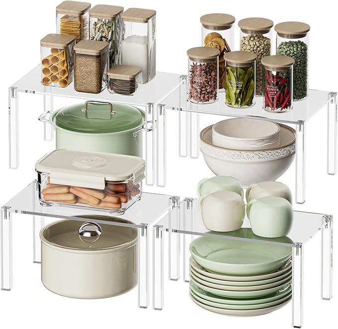 YUNEASELF Clear Cabinet Organizer: Acrylic Shelf Riser Set of 4 for Kitchen Pantry Organizers and Storage - Countertop Spice Rack for Cabinet - Stackable Display Shelf Decor for Gift